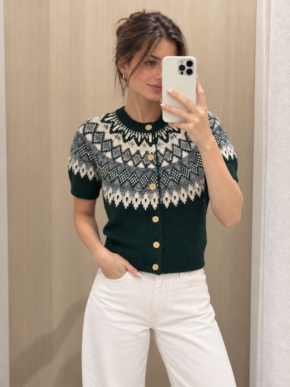 Commense Blue Short-Sleeve Fair Isle Cardigan